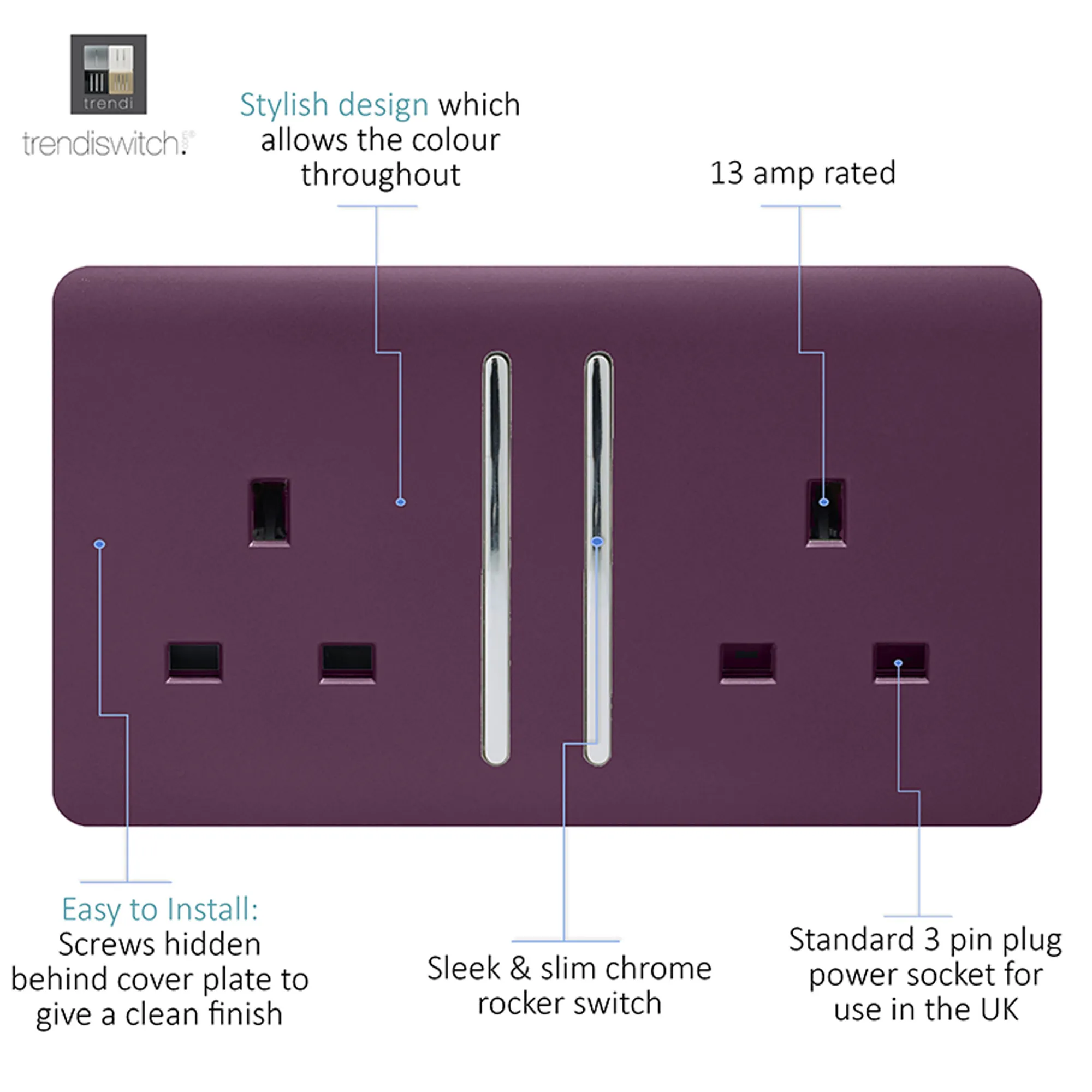 2 Gang 13Amp Long Switched Double Socket Plum ART-SKT213LPL  Trendi Plum